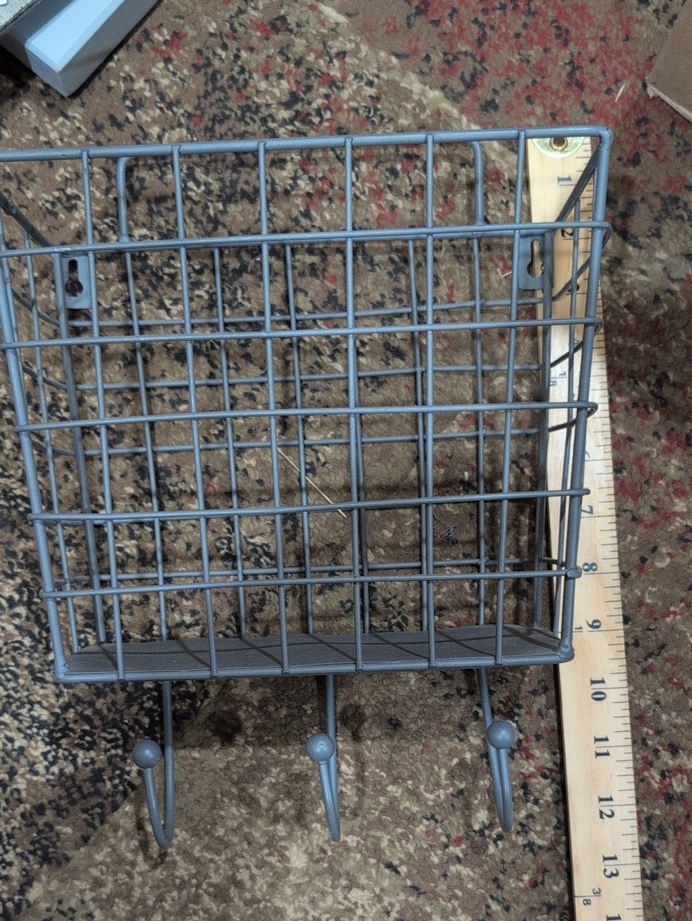 Gray Wall-Mount Wire Basket with 3 Hooks